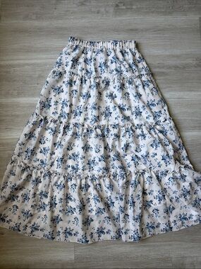 White & Blue Floral Tiered Maxi Skirt - Teen